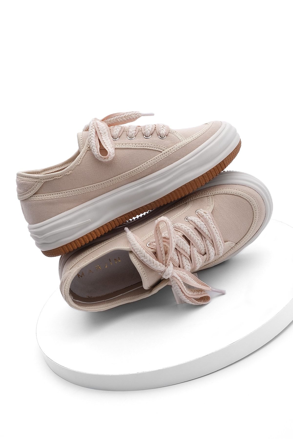 Kadın Sneaker Yüksek Taban Bağcıklı Bez Spor Ayakkabı Kotnel bej